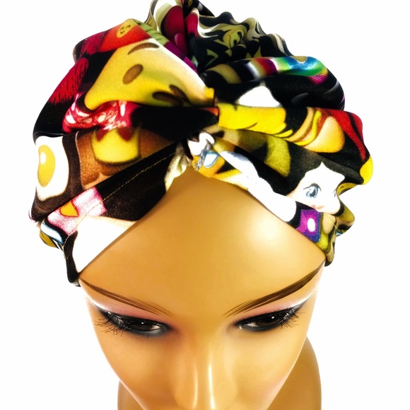 Satin Lined Red Emoji Turban Hair Wrap - Bonnet - Picture 4 of 6